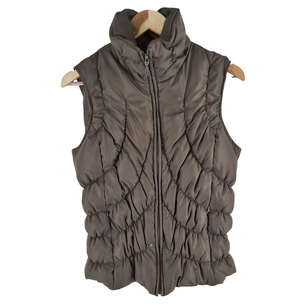 Nine West Separates Brown Chevron Quilted Down Puffer Vest Medium Stand Collar
